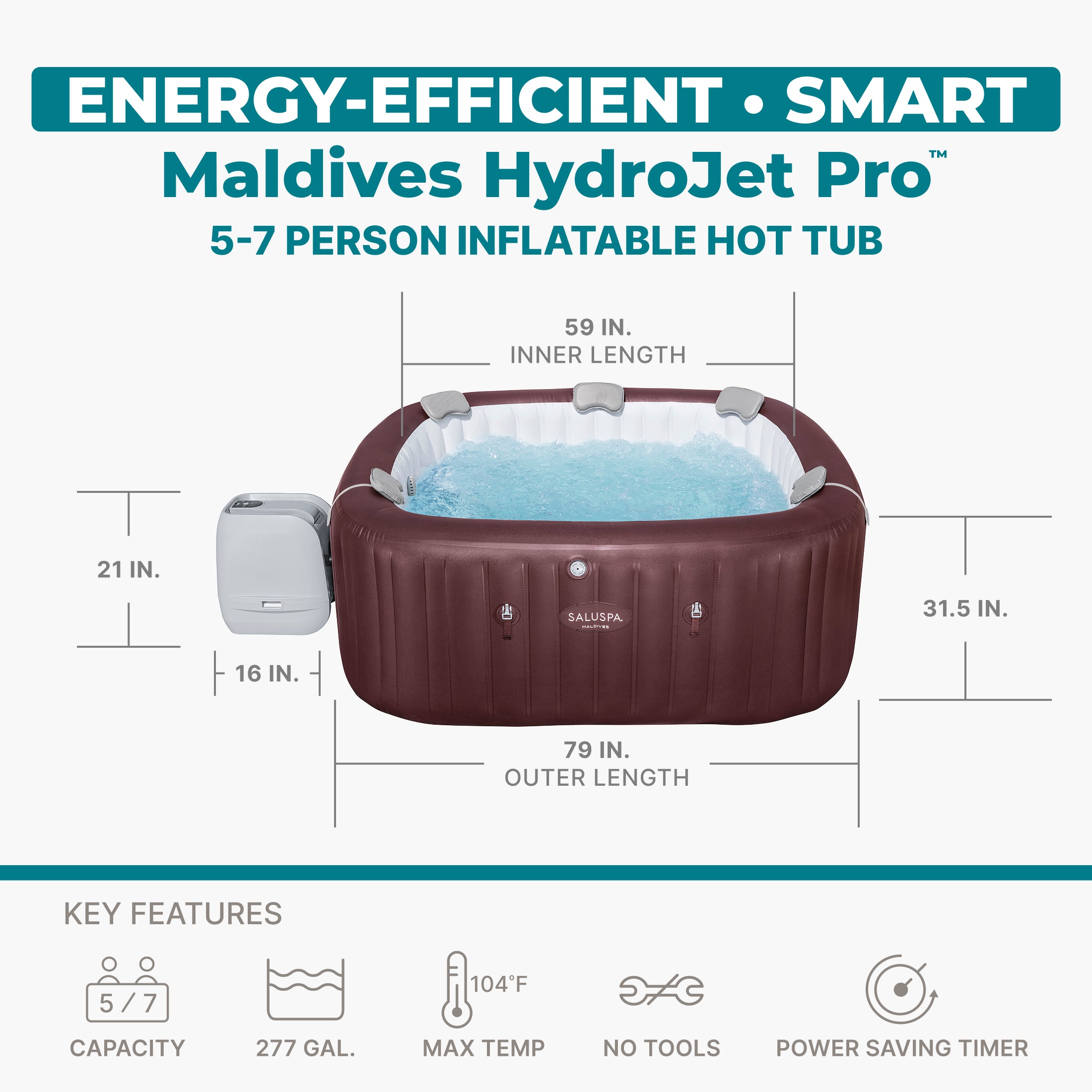 SaluSpa Maldives Energy-Efficient Smart HydroJet Pro Inflatable Hot Tub with App Control 5-7 person - Image 3