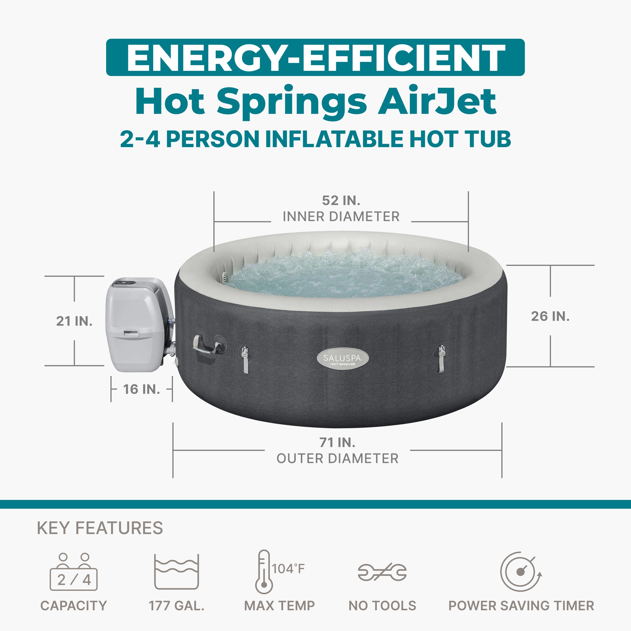 SaluSpa Hot Springs Energy-Efficient AirJet 2-4 Person Inflatable Hot Tub - Image 3