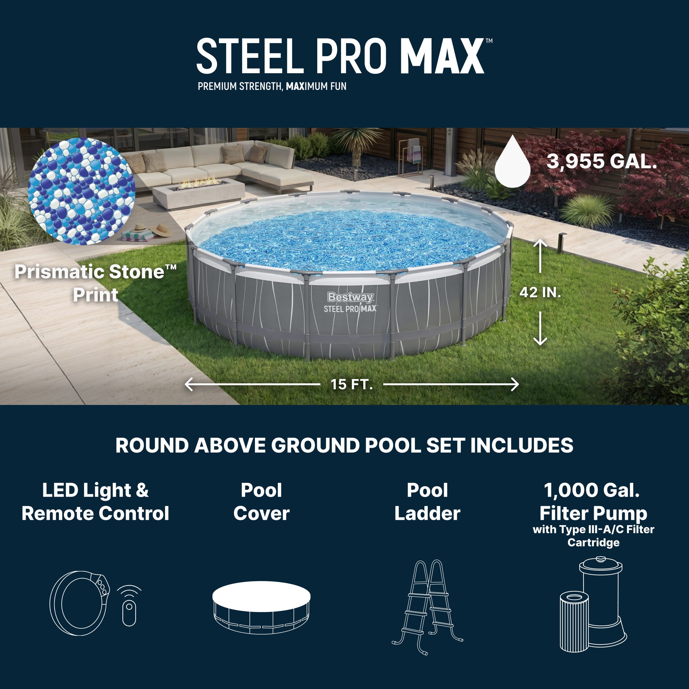 Bestway Steel Pro MAX 15' x 42 Round Above Ground Pool Set with LED Light - Image 2